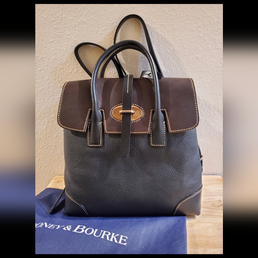 Dooney & Bourke Black Pebbled Leather Backpack with Brown Flap